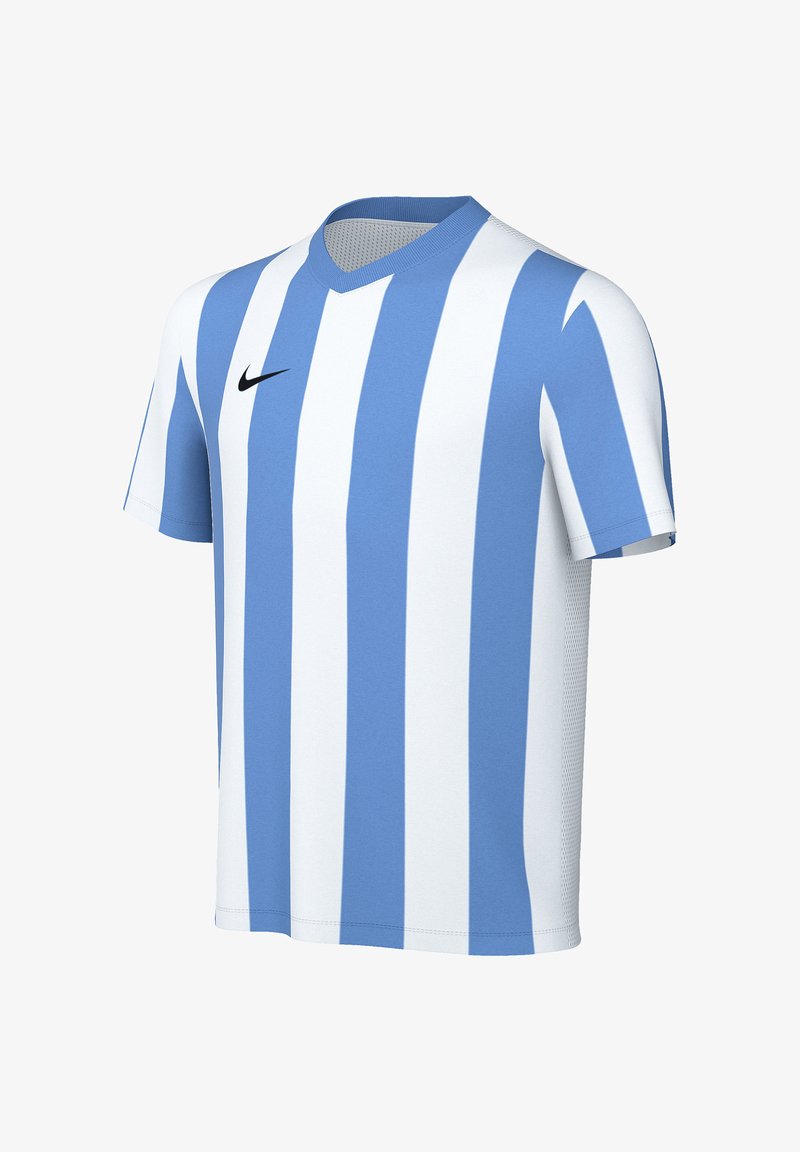 Maillot de sport à manches courtes pour homme, avec des rayures verticales bleues et blanches et un logo Nike noir sur le côté droit de la poitrine.