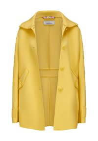 Gelber Mantel mit lockerer Passform, ausgestattet mit einem spitzen Kragen, doppelter Knopfleiste, zwei seitlichen Taschen und floralen Akzenten am inneren Kragen.