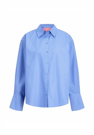 Chemise bleue à boutons, ornée d'un motif en grille, avec des manches longues et un col classique. Confectionnée en tissu léger avec une coupe décontractée.
