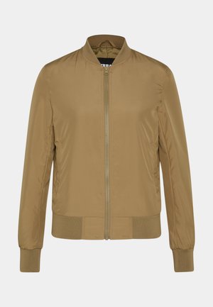 Hnědá bomber bunda vyrobená z lehkého materiálu, s žebrovaným límcem, manžetami a spodním lemem, vybavená předním zipem a bočními kapsami.