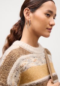 Tânără cu părul lung brunet legat la spate, purtând cercei mari din argint și un pulover gros din tricot cu dungi bej, maronii și albe.