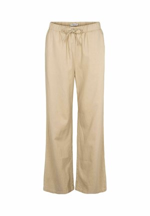 Beige Leinenhose mit weitem Bein, elastischem Bund und Kordelzug. Glatte Textur, volle Länge mit lässiger Passform.