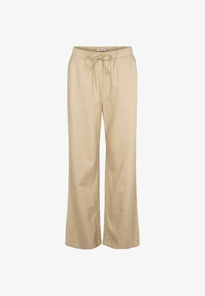 Béžové lněné široké kalhoty s elastickým pasem a šňůrkou na stažení. Hladká textura, celková délka s volným střihem.