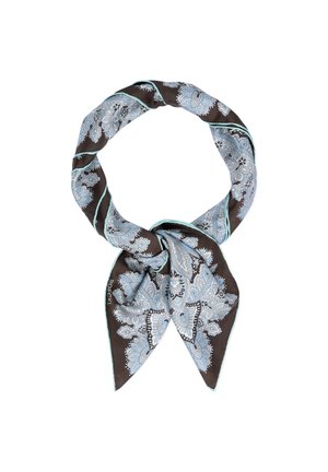Silk scarf with blue and white paisley patterns on a dark background, tied in a loose knot with pointed ends.