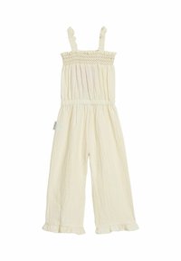 Crème-kleurige jumpsuit met een gesmokt lijfje, dunne schouderbandjes en een gerimpelde zoom aan de broekspijpen. Zachte, gestructureerde stof. Verstelbare pasvorm.