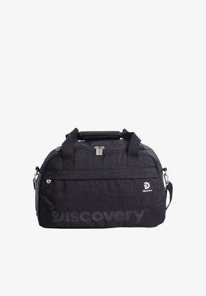 Schwarze Discovery-Marke Duffel-Tasche mit zwei Griffen, vorderer Reißverschlusstasche, abnehmbarem Schultergurt und geprägt logiertem Frontpaneel.