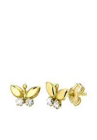 Gouden studs in de vorm van een vlinder met twee heldere rhinestones als accenten, met gladde oppervlakken en een gepolijste afwerking.