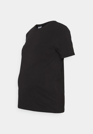 Schwarzes Schwangerschafts-T-Shirt mit kurzen Ärmeln und rundem Ausschnitt, entworfen für eine lockere, bequeme Passform über dem Babybauch.