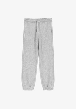 Jasnoszare spodnie dresowe z elastycznym pasem i ściągaczami, z wiązaniem z przodu oraz bocznymi kieszeniami, przedstawione na białym tle.