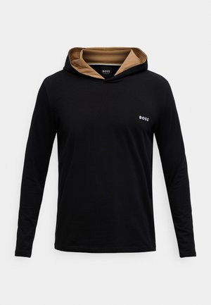 Black long-sleeve hooded shirt with a contrasting tan hood interior and a small white "BOSS" logo on the chest. Smooth fabric texture.