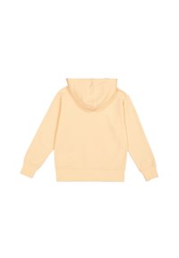 Sudadera amarilla clara con una textura suave, que presenta una capucha, mangas largas y puños y dobladillo acanalados. Diseño simple y minimalista.