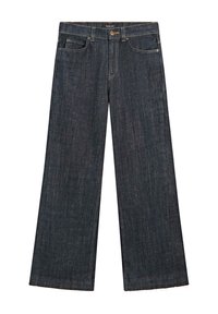 Vidbeniga mörka jeans i denim med hög midja, klassisk design med fem fickor och råa kanter vid fållen. Synliga sömmar i kontrasterande färg.