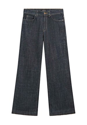 Vidbenet mørke denimjeans med højt talje, klassisk design med fem lommer og rå kant nederst. Synlige syninger i en kontrastfarve.