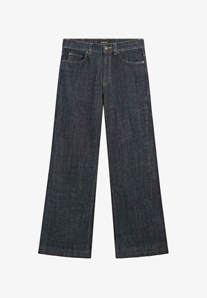 Donkere denim jeans met wijde pijpen, een hoge taille, klassiek ontwerp met vijf zakken en een rafelige zoom. Zichtbare stiksels in een contrasterende kleur.