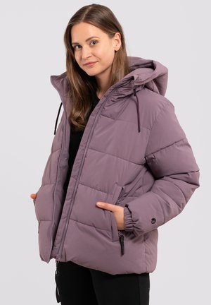 Purple padded jacket with a hood, featuring elastic cuffs, zippered pockets, and a zip front closure. Soft texture, warm insulation.