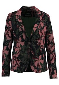 Květinový blazer na černém pozadí s růžovými květy a zelenými listy. Texturovaná látka s jednobarevným zapínáním na knoflík a kapsami.