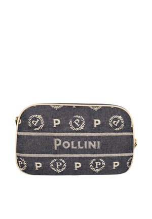 Borsa a tracolla rettangolare Pollini in denim nero con loghi ricamati beige e rifiniture, chiusura con zip e tracolla laterale regolabile.