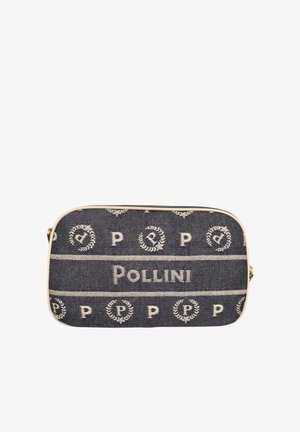 Borsa a tracolla rettangolare Pollini in denim nero con loghi ricamati beige e rifiniture, chiusura con zip e tracolla laterale regolabile.