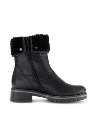 Stivaletti neri in pelle con un polsino in finta pelliccia nera testurizzata, zip laterali e una suola in gomma robusta con un leggero tacco.