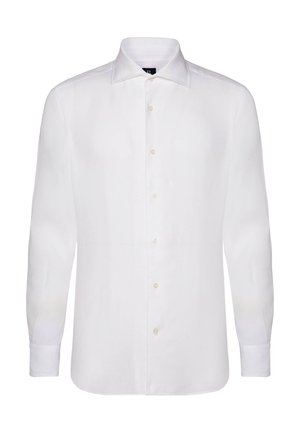 Valge pika varrukaga nööbiga shirt, mis on valmistatud kergest kangast. Sellel on klassikaline krae, peene tekstuur ja kuus nööpi esiosal.