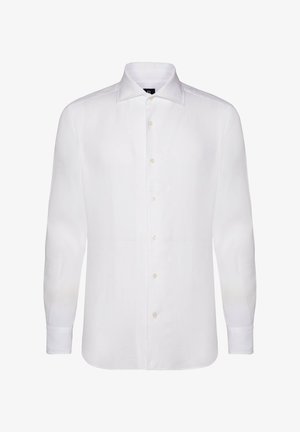 Chemise blanche à manches longues et à boutons, en tissu léger, avec un col classique, une texture subtile et six boutons sur le devant.