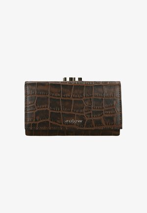 Brown faux crocodile leather wallet with a textured surface, gold-tone hardware, and logo on the lower front. Compact and rectangular shape.