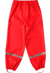 Rote wasserdichte Hose aus glänzendem Material mit elastischem Bund. Mit reflektierenden silbernen horizontalen Streifen an den Unterschenkeln.