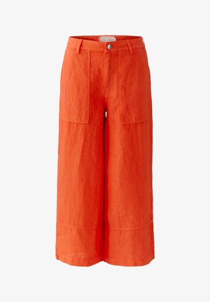 Feloranje, wijde cropped broek met steekzakken aan de voorkant, riemlussen en knoopsluiting op een witte achtergrond.