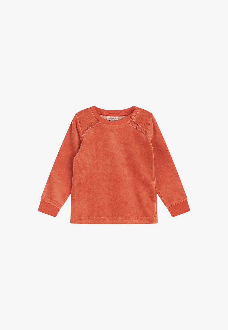 Cămașă cu mânecă lungă dintr-un material moale și texturat în nuanță de ruginiu. Prezintă un decolteu rotund și nasturi pe lateral, cu manșete ribbed. Design simplu, culoare solidă.