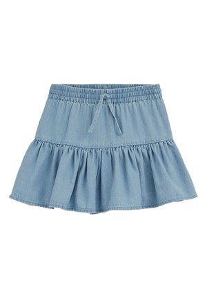 Minigonna in denim azzurro chiaro con vita elastica e coulisse, caratterizzata da un orlo arricciato a balze.