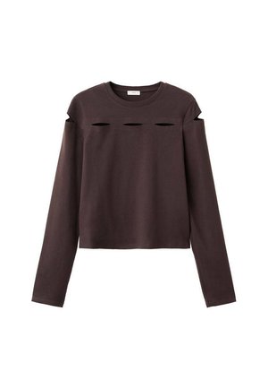 Donkerbruin cropped lange mouwen shirt van katoen, met uitsnijdingen op de schouders en over het borstgebied.
