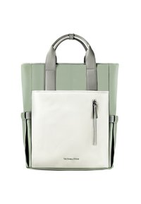 Borsa tote verde chiaro e bianca con accenti grigi, doppi manici superiori e tasca esterna con cerniera. Superficie liscia e design strutturato.