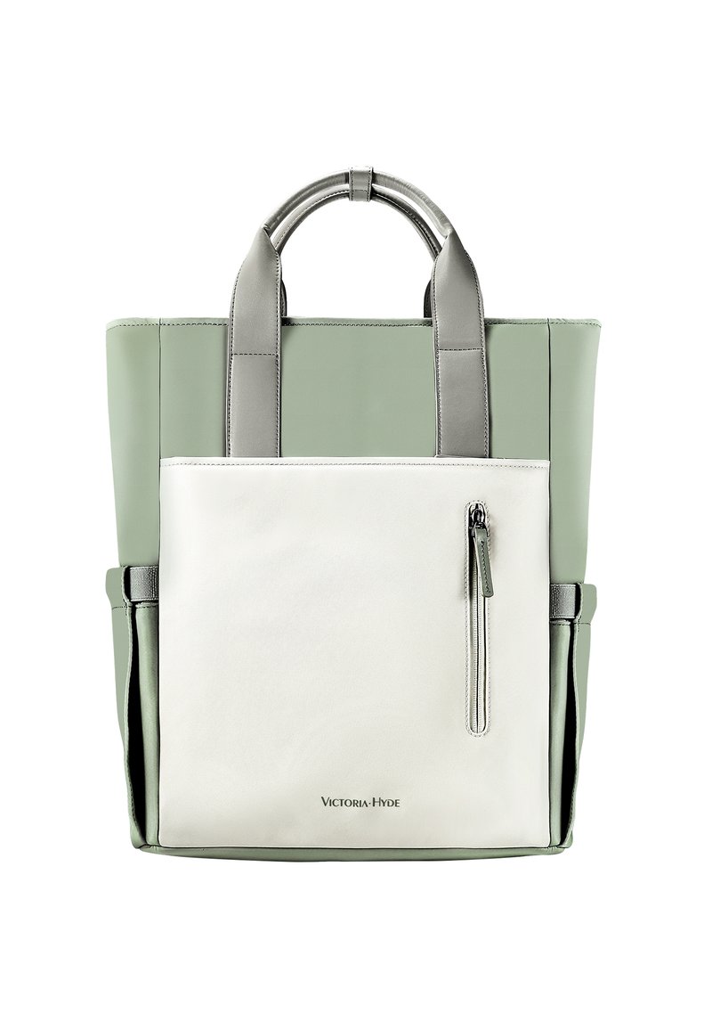 Borsa tote verde chiaro e bianca con accenti grigi, doppi manici superiori e tasca esterna con cerniera. Superficie liscia e design strutturato.