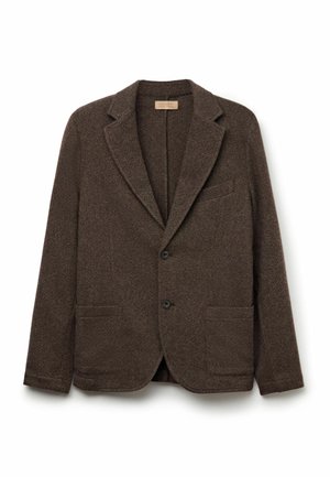 Blazer marrone in lana con texture a spina di pesce, rever con punte, due tasche frontali e due bottoni, che presenta un design su misura.