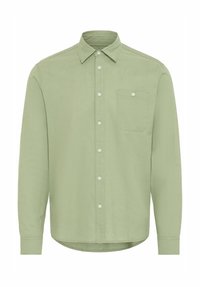 Light green long-sleeve shirt made of soft fabric, featuring a button-down collar, front placket, and a single chest pocket.