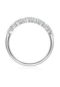 Silver ring featuring a curved band adorned with small, irregularly placed, sparkling clear stones along the top edge. Smooth texture.