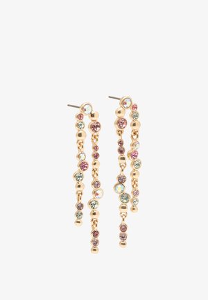 Ohrringe in Gold-Ton mit verbundenen mehrfarbigen runden Edelsteinen in Rosa, Grün, Lila und irisierenden Nuancen.