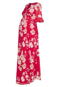 Robe maxi rouge à fleurs avec des manches courtes et volantées, présentant une taille cintrée et un tissu fluide orné de grandes fleurs rose clair.