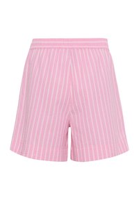 Rosa randiga shorts tillverkade av ett lättviktsmaterial. Har resårmidja och en avslappnad passform, med vertikala vita ränder över tyget.