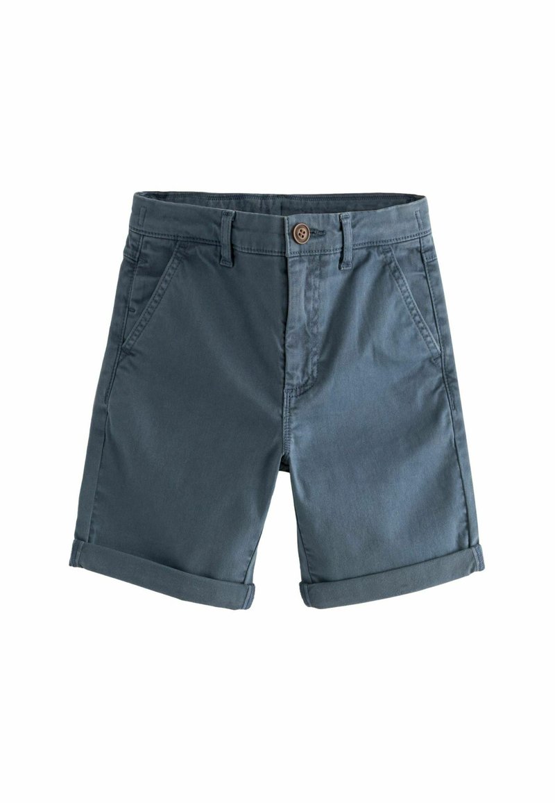 Mörkblå bomullsshorts med uppvikt fåll, med knappstängning och framfickor. Slät textur, avslappnad design och lättviktsmaterial.