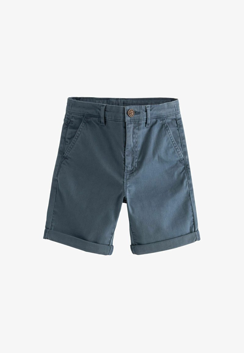 Shorts din bumbac de culoare albastru închis, cu manșete răsucite, având închidere cu buton și buzunare frontale. Textură netedă, design casual și material ușor.