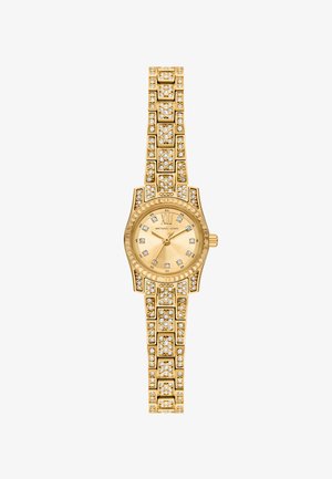 Gold-tone watch with a textured bezel, linked band, and a face featuring Roman numerals and several crystals for detailing.