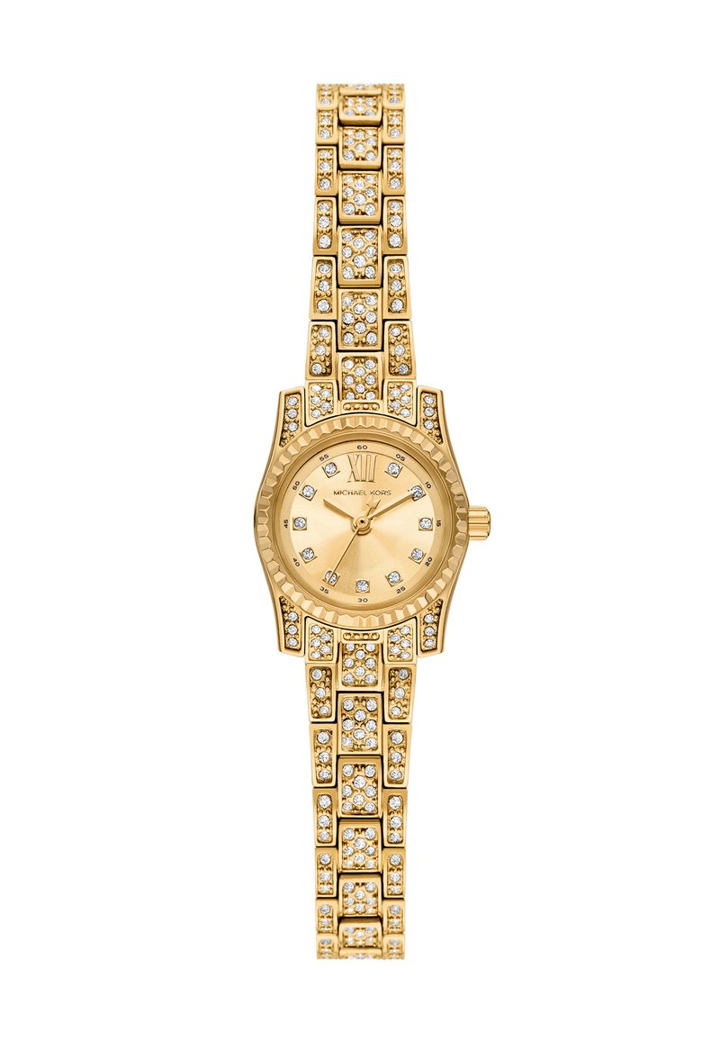 Goldfarbene Uhr mit strukturiertem Lünette, Gliederarmband und einem Zifferblatt mit römischen Ziffern sowie mehreren Kristallen zur Detaillierung.