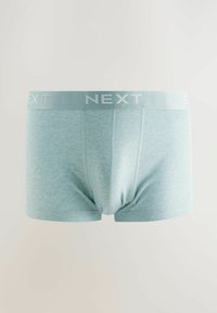 Ljusblå herrboxershorts i mjukt tyg, med en bred elastisk midja som har ordet "NEXT" i vitt. Slät, sömlös design.