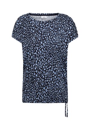 Kurzarm-Oberteil in Marineblau mit hellblauen abstrakten Flecken und verstellbarem Kordelzugsaum, runder Halsauschnitt, lässiger Stil.