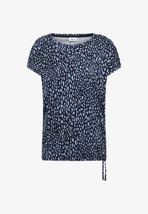 Kurzarm-Oberteil in Marineblau mit hellblauen abstrakten Flecken und verstellbarem Kordelzugsaum, runder Halsauschnitt, lässiger Stil.