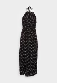 Schwarzes Hängerchenkleid mit weißen Punkten, mit einem taillierten Oberteil und einem gebundenen Bund, das in einen langen Rock übergeht. Glatte Stoffstruktur.
