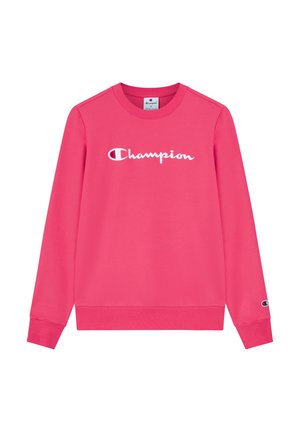 Sudadera rosa con puños y dobladillo acanalados, que presenta el logotipo blanco de "Champion" en la parte delantera. Fabricada con un tejido suave de textura lisa.