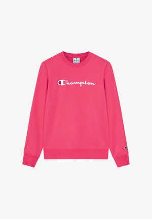 Sudadera rosa con puños y dobladillo acanalados, que presenta el logotipo blanco de "Champion" en la parte delantera. Fabricada con un tejido suave de textura lisa.