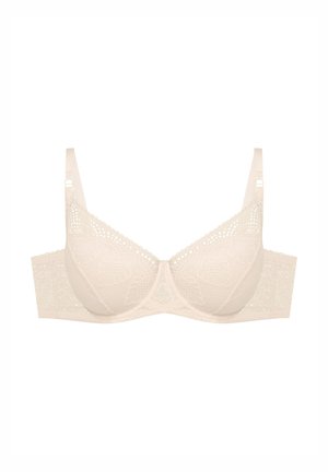 Lace underwire bra in a light nude color. Features floral pattern, adjustable straps, and hook closure. Soft textured fabric on cups.